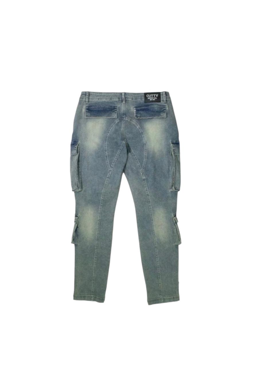 CUTTY Men Washed Blue Cotton Blend Casual Straight Leg Cargo