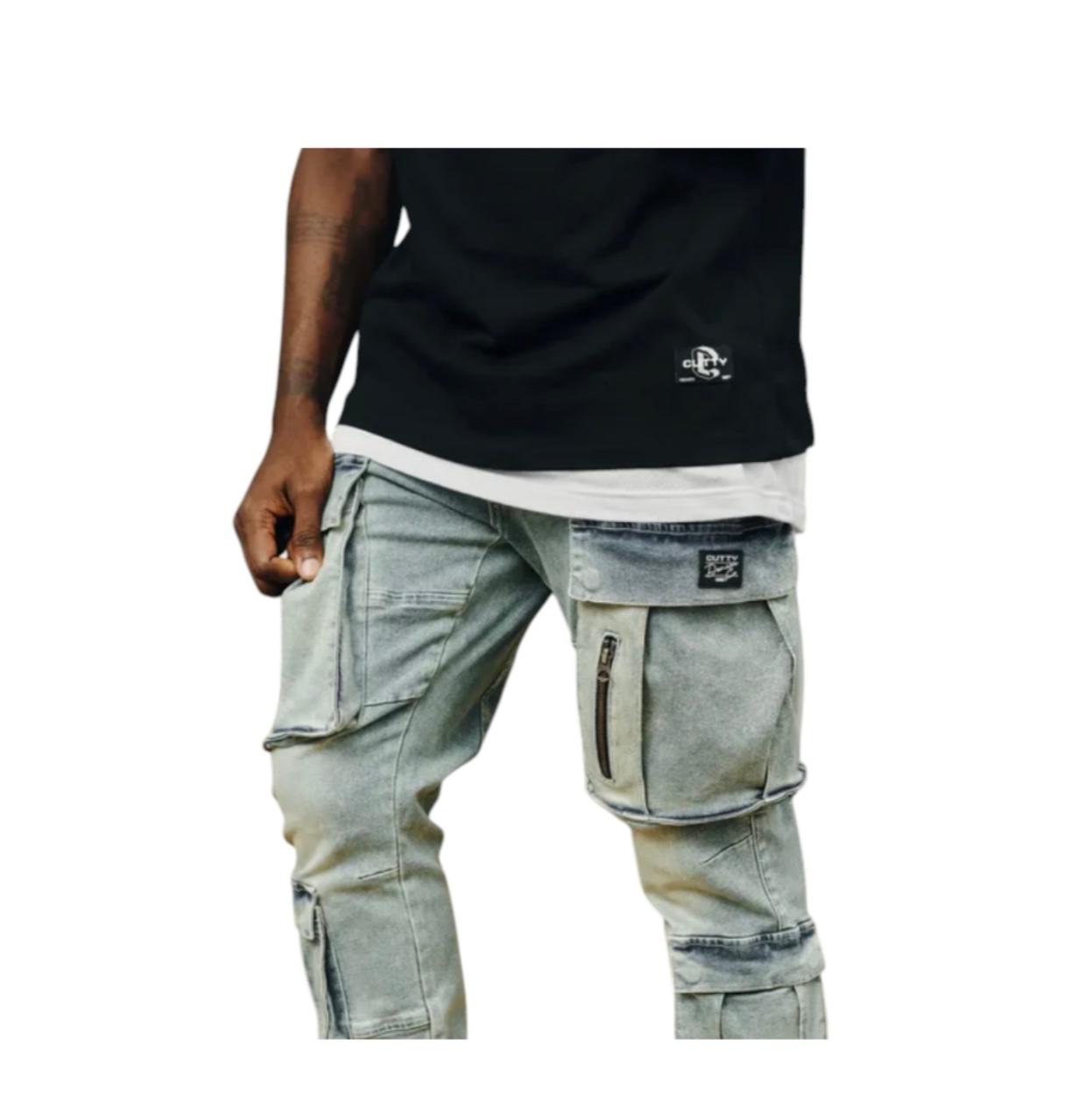 CUTTY Men Washed Blue Cotton Blend Casual Straight Leg Cargo